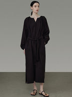 unspoken Cotton Loose Waist Minimalist V-neck Long Sleeve Casual Black Maxi Dresses