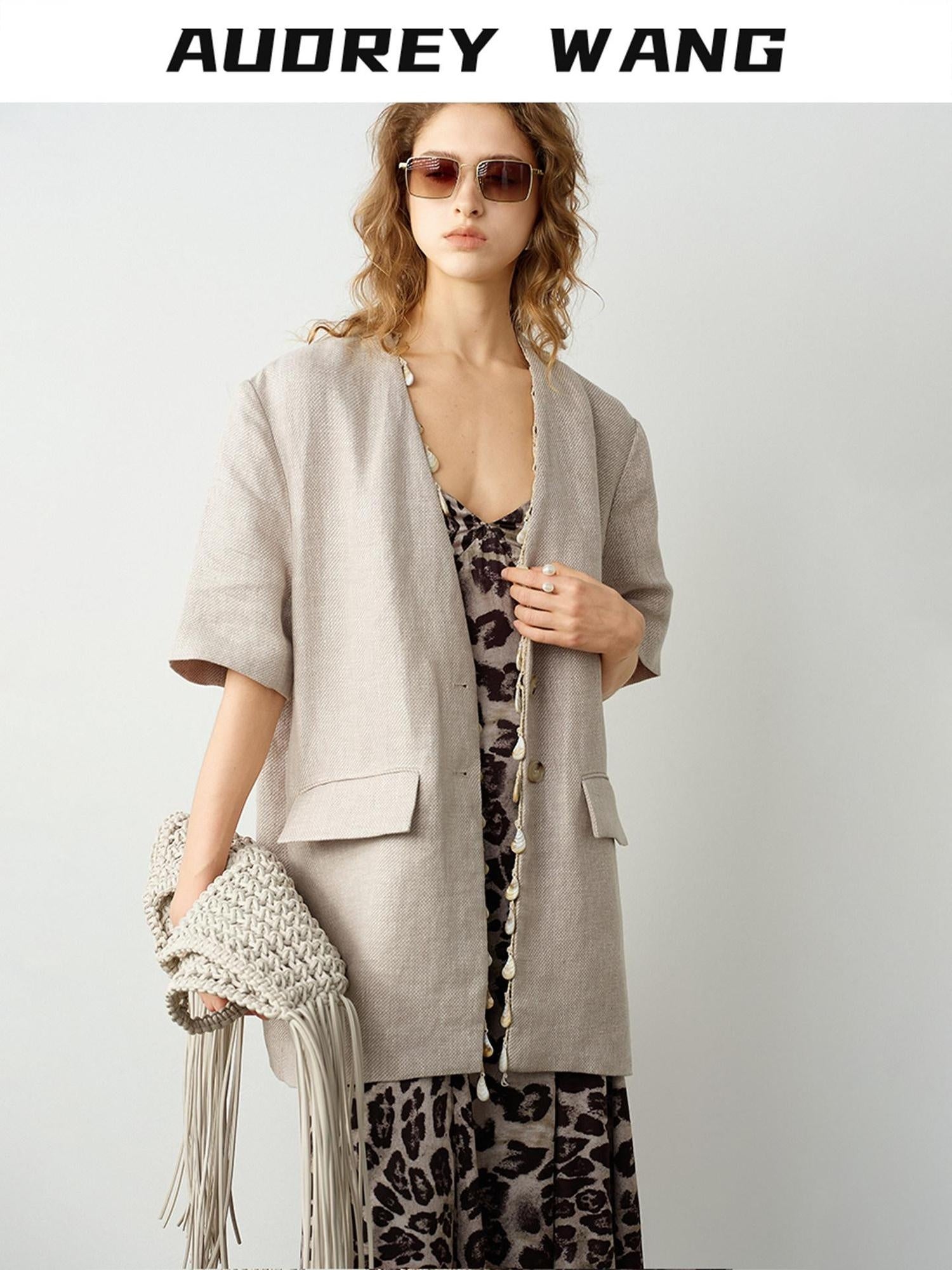 audreyyang Pure Linen Relaxed Short Sleeve Solid Casual Women Lightweight Top & Shorts Sets