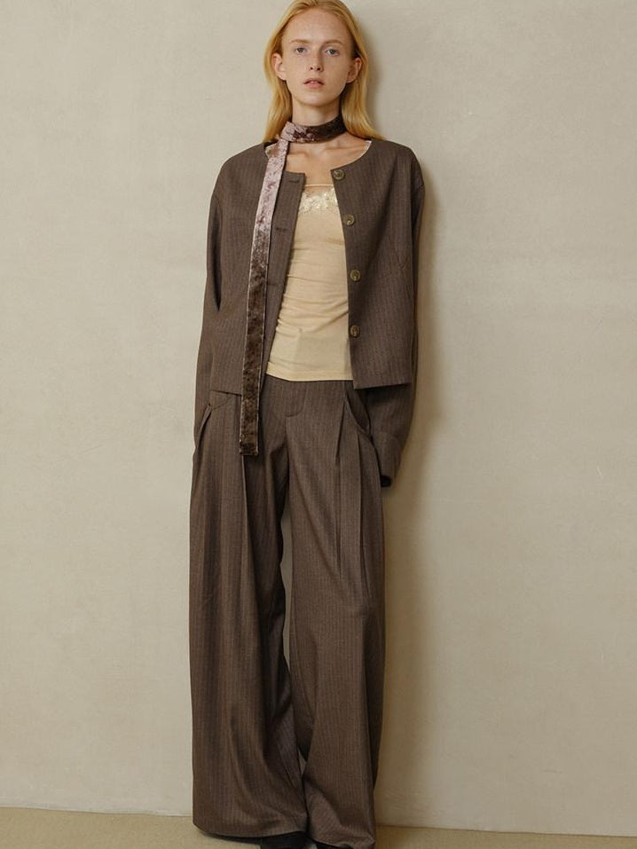 someonesometimes Shape Retaining Pleated Natural Waist Brown Striped Poly Stretch Wide Leg Pants
