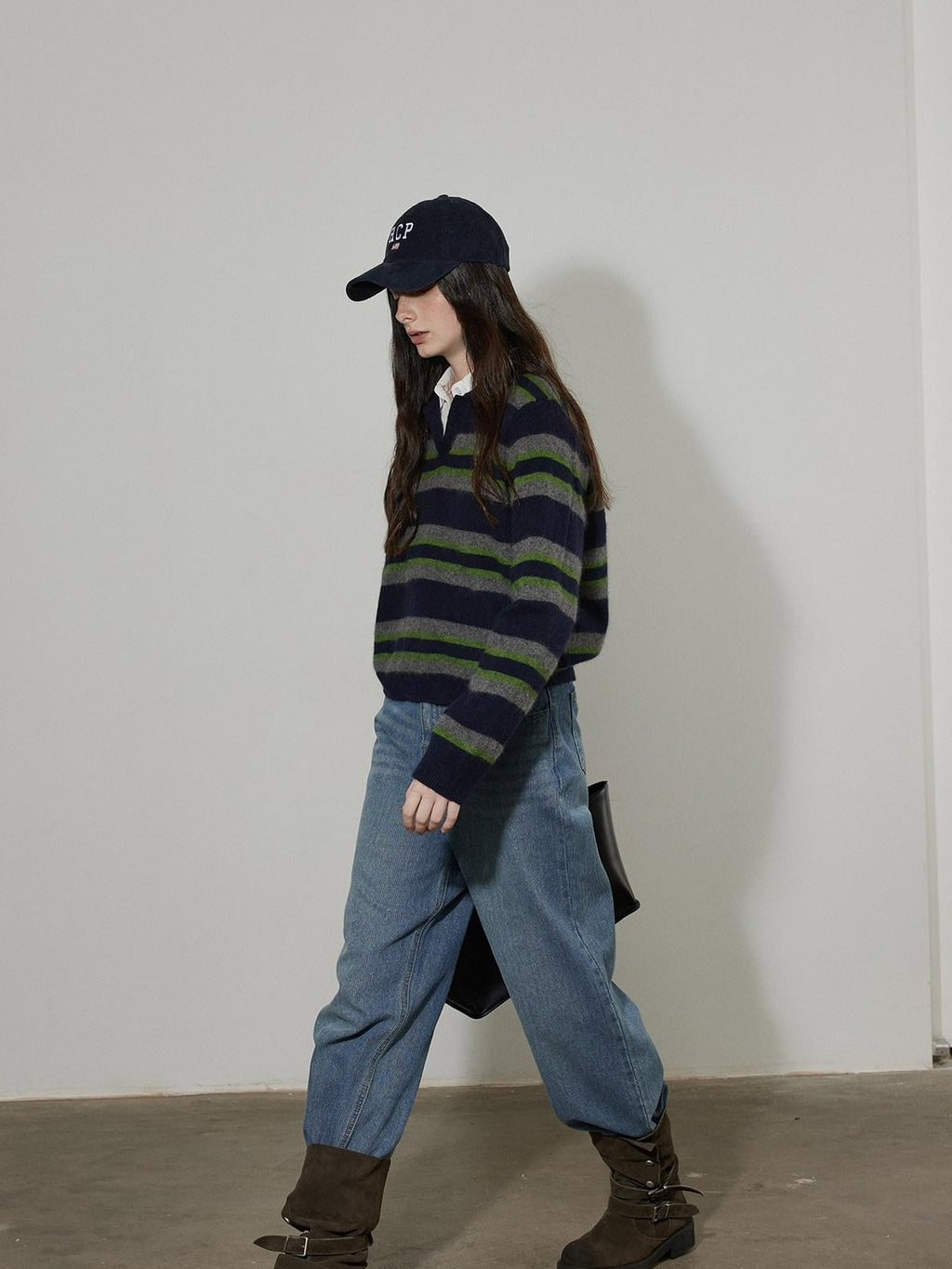 Lofi choose Soft Knitted Pullover Commuter Oversized Polo Collar Striped Women Sweaters