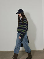 Lofi choose Soft Knitted Pullover Commuter Oversized Polo Collar Striped Women Sweaters