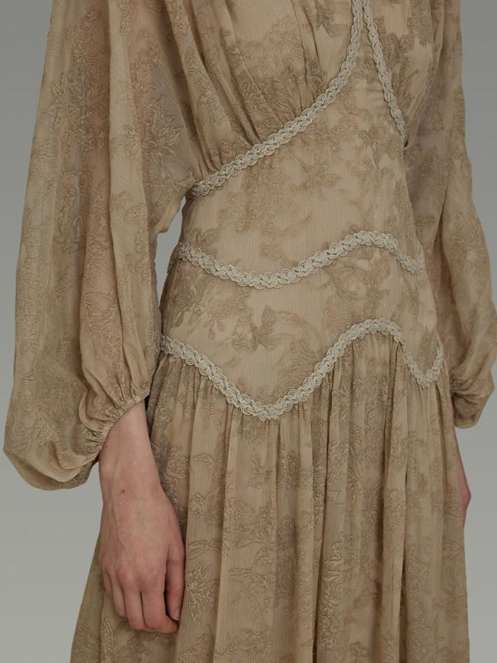 unspoken Casual Jacquard A Line Natural Waist Long Sleeve U Neck Khaki Women Maxi Dresses