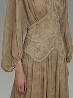 unspoken Casual Jacquard A Line Natural Waist Long Sleeve U Neck Khaki Women Maxi Dresses