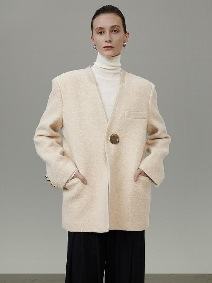 unspoken Cream Wool Blend Commuter Loose Fit V-neck Single Button Women Wool Coats