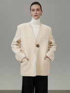unspoken Cream Wool Blend Commuter Loose Fit V-neck Single Button Women Wool Coats