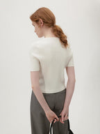 fano Soft Minimalist V-neck Cropped Short Sleeve White Polyester Blend Cardigans
