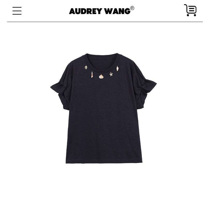 audreyyang_Pure_Cotton_Loose_Fit_Casual_Round_Neck_Women_White_Navy_Short_Sleeve_T-Shirts_MISSTT