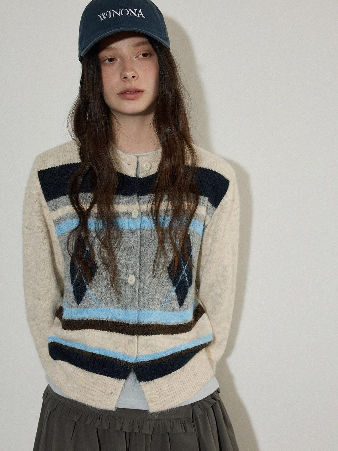 Lofi choose Cozy Poly Wool Blend Contrast Trim Diamond Knit Loose Fit Women Cardigans
