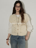 Lofi choose Versatile Openwork Short Round Neck Office Knit Women Ivory Acrylic Cardigans