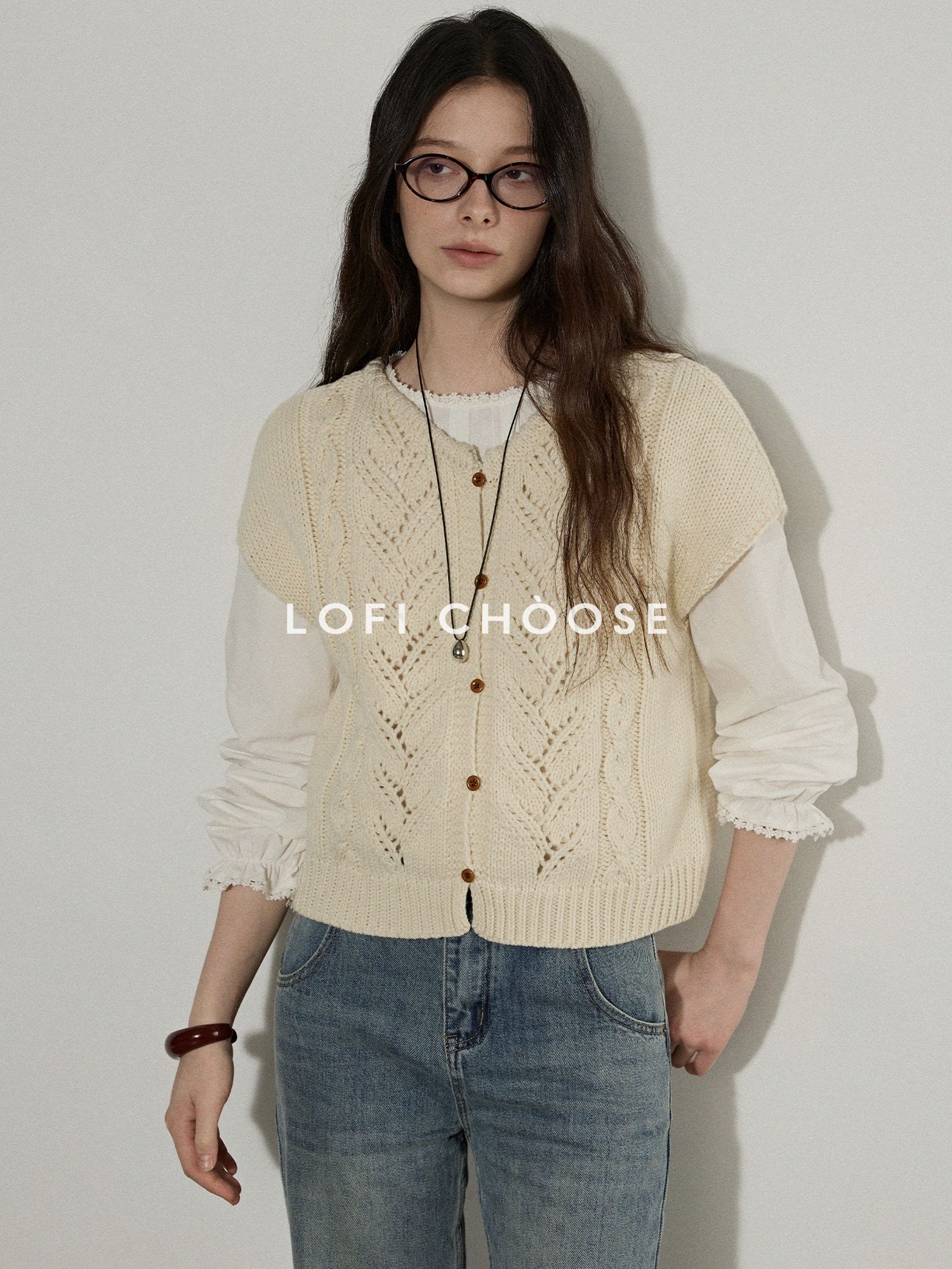 Lofi choose Versatile Openwork Short Round Neck Office Knit Women Ivory Acrylic Cardigans
