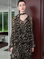 audreyyang Soft Viscose Ruffle Casual A Line Zebra V-neck Long Sleeve Maxi Dresses