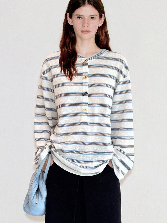 fano Cotton Blend Relaxed Loose Round Neck Women Striped Long Sleeve T-Shirts