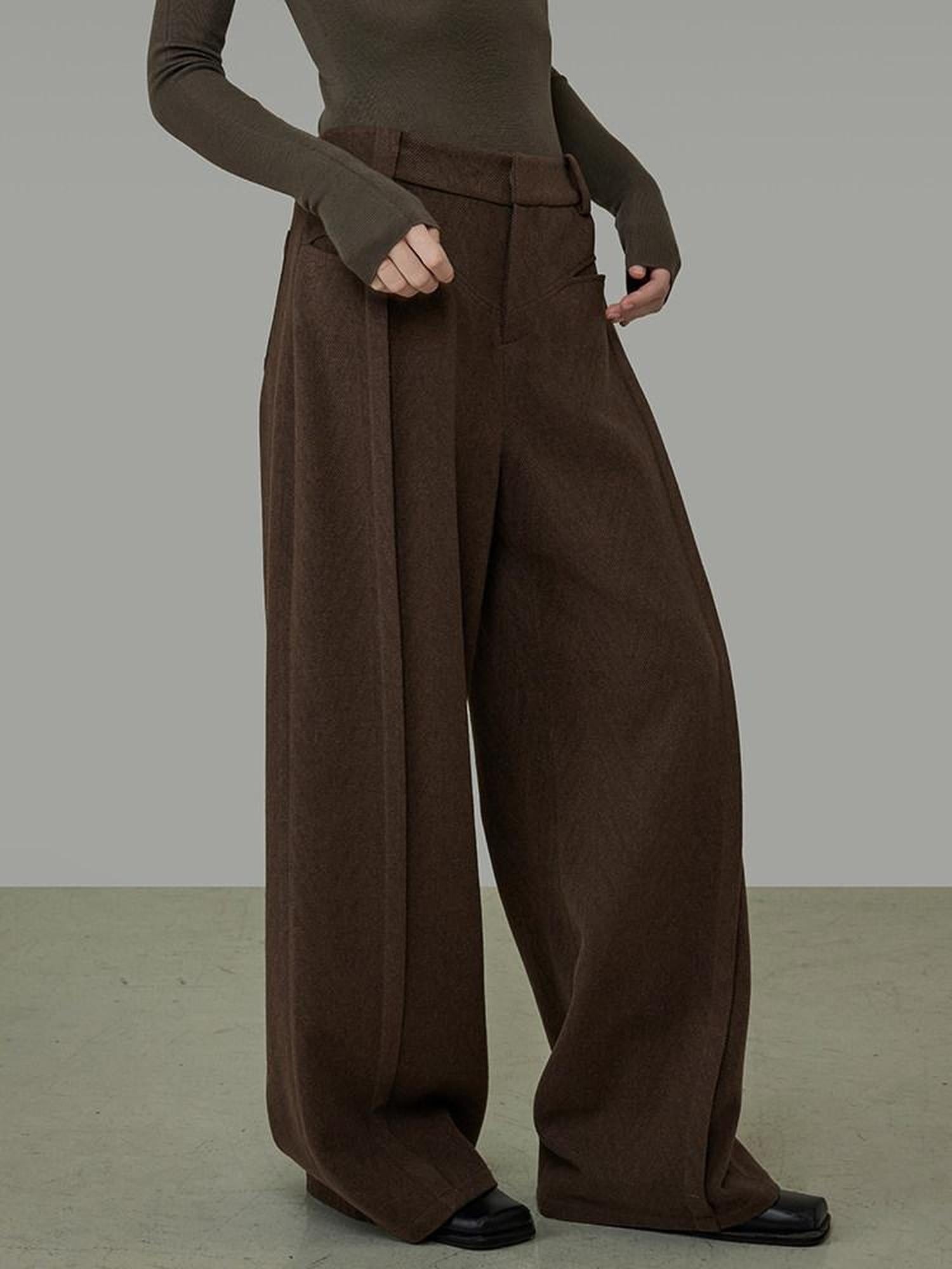 unspoken High Waist Pocketed Minimalist Office Brown Polyester Blend Wide Leg Pants