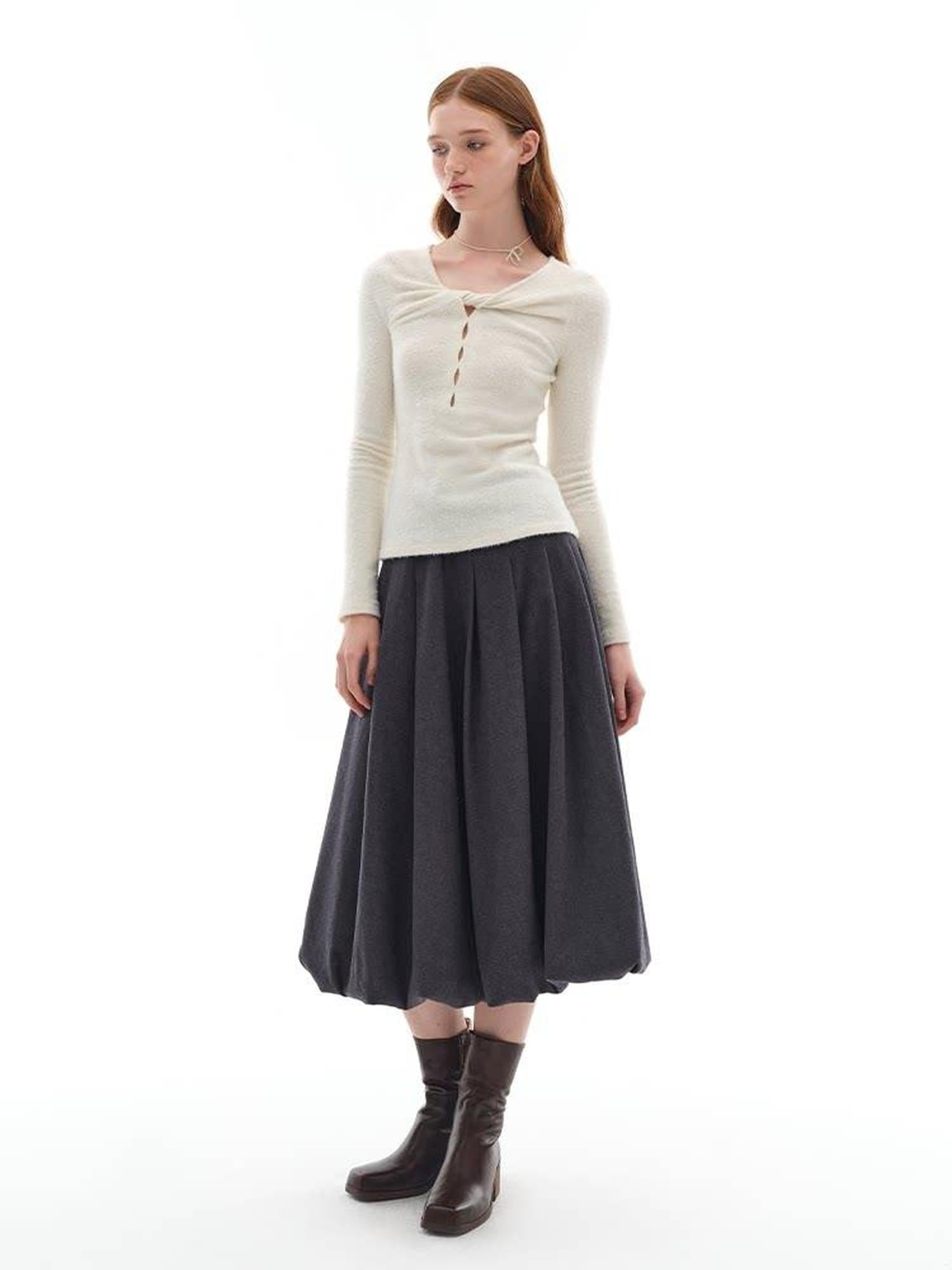 someonesometimes Soft Stretch V-neck Cutout Slim Fit Knit For Women Apricot Long Sleeve T-Shirts