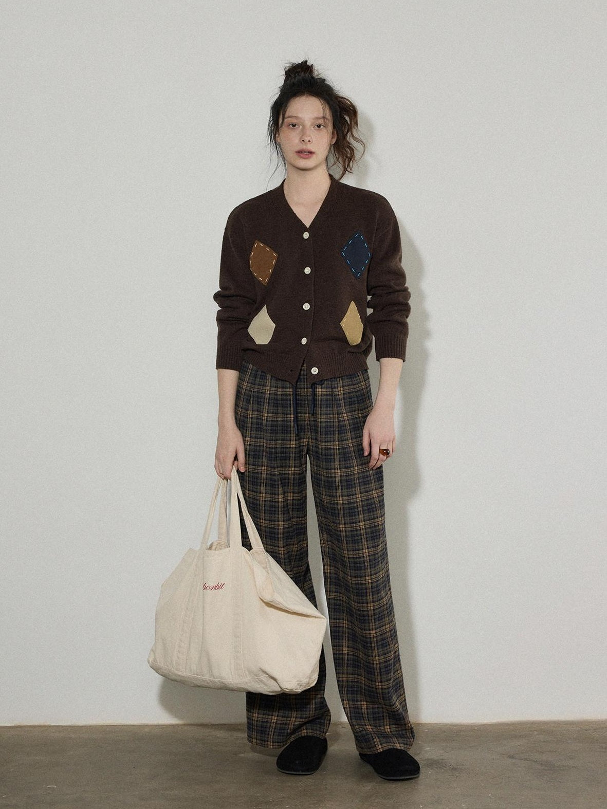 Lofi choose Wool Blend Colorblock Loose V-neck Women Workwear Argyle Button Knit Cardigans