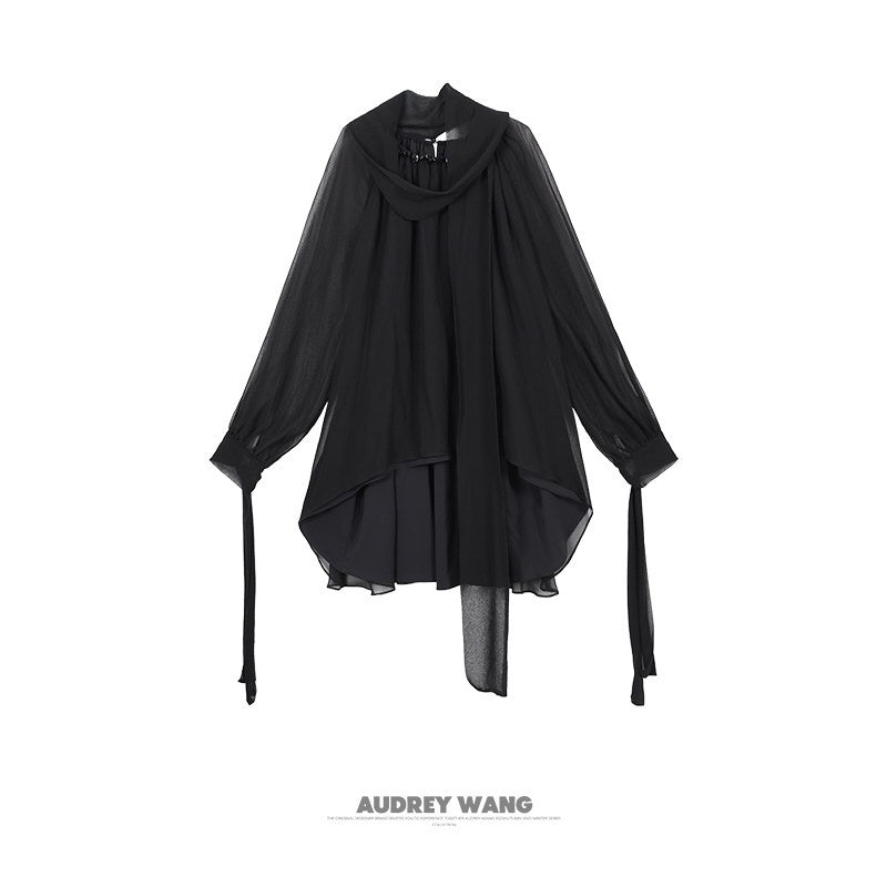 audreyyang_Beaded_Silk_Elegant_Loose_Lantern_Sleeve_Tie_Neck_Black_Midi_Dresses_MISSTT