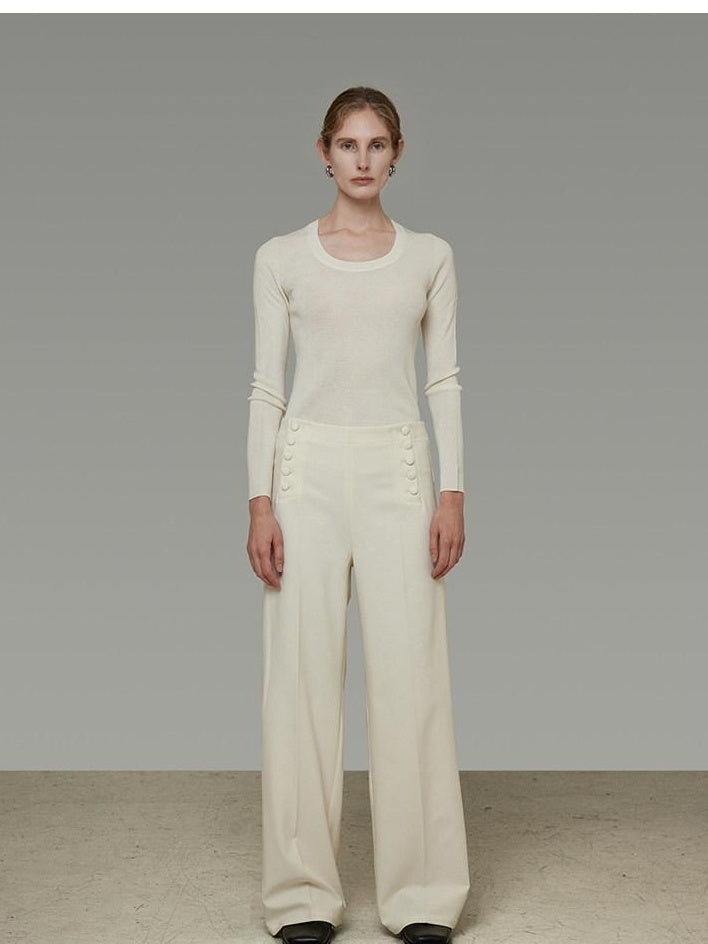 unspoken Breathable High Waist Button Detail Minimal Womens Office White Wide Leg Pants