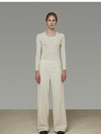 unspoken Breathable High Waist Button Detail Minimal Womens Office White Wide Leg Pants