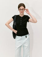 fano Black Slim Fit Half Collar Button Commuter Women Lyocell Short Sleeve T-Shirts