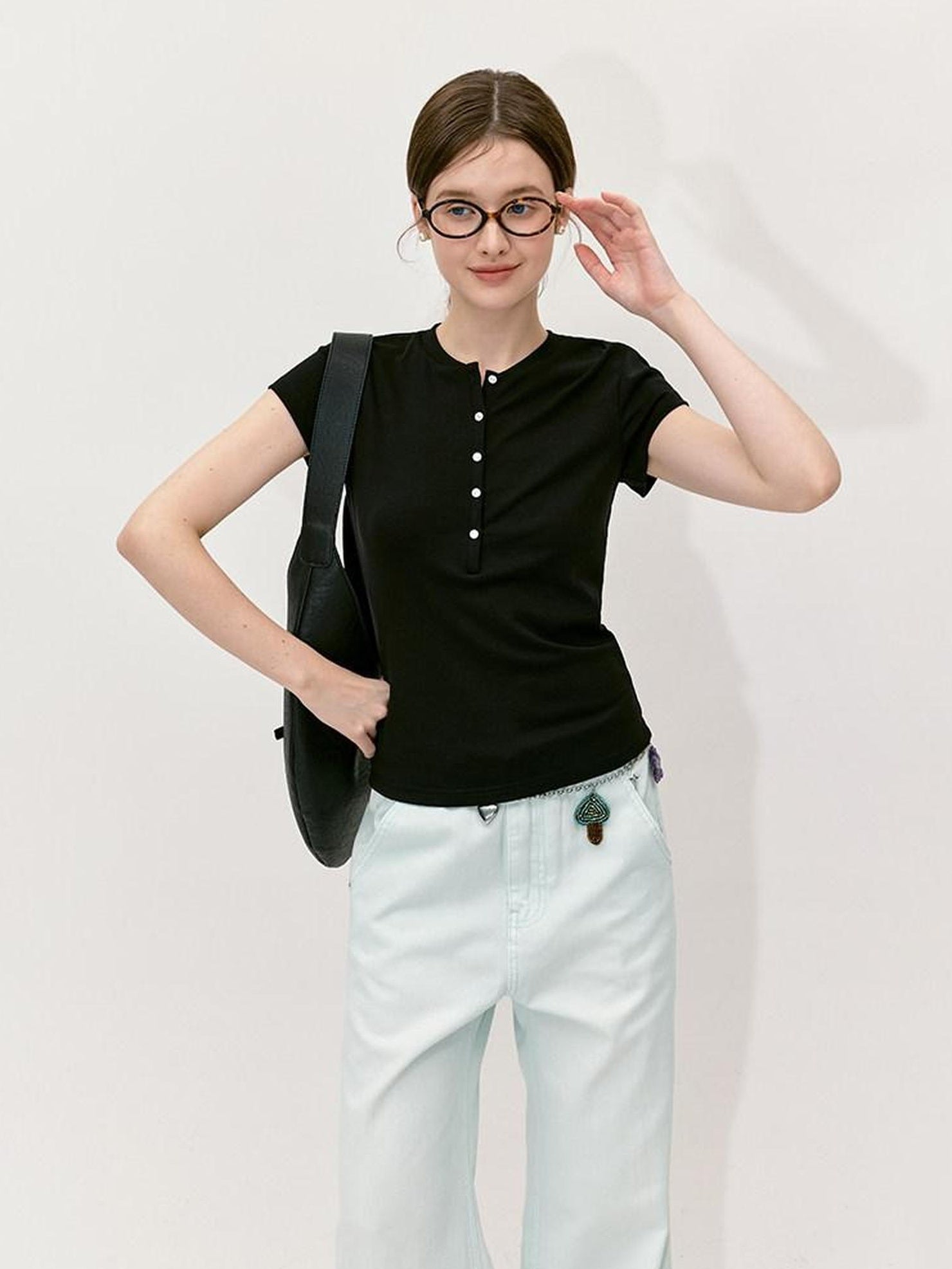 fano Black Slim Fit Half Collar Button Commuter Women Lyocell Short Sleeve T-Shirts