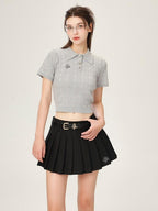 ikyou 3D Embellishment Slim Fit Henley Neck Women Solid Grey Knit Basic Crop Tops