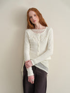 someonesometimes Hand Crochet Wool Floral Scallop Edge Casual Crewneck Button Women Cardigans