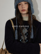 Lofi choose Soft Acrylic Crewneck Loose Fit Diamond Pattern Commuter Knitwear Sweaters