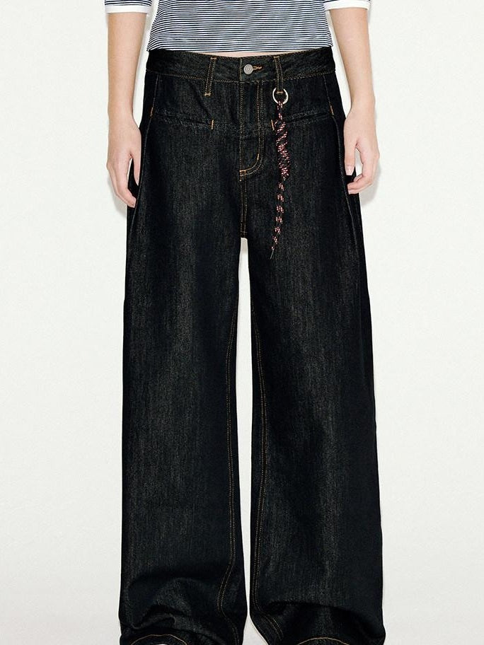 fano Comfortable Everyday Natural Waist Loose Fit Youth Black Straight Leg Jeans