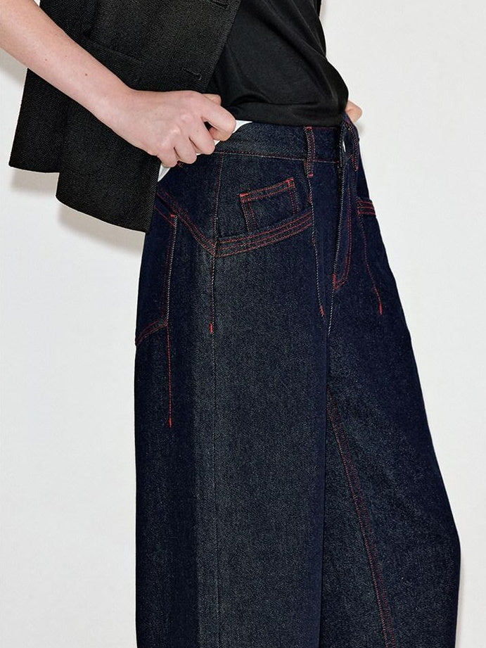 fano Comfortable Cotton Vintage Relaxed Natural Waist Women Raw Denim Wide Leg Jeans