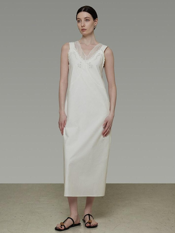 unspoken Soft 100 Percent Cotton Crochet V-neck Sleeveless Office White Maxi Dresses