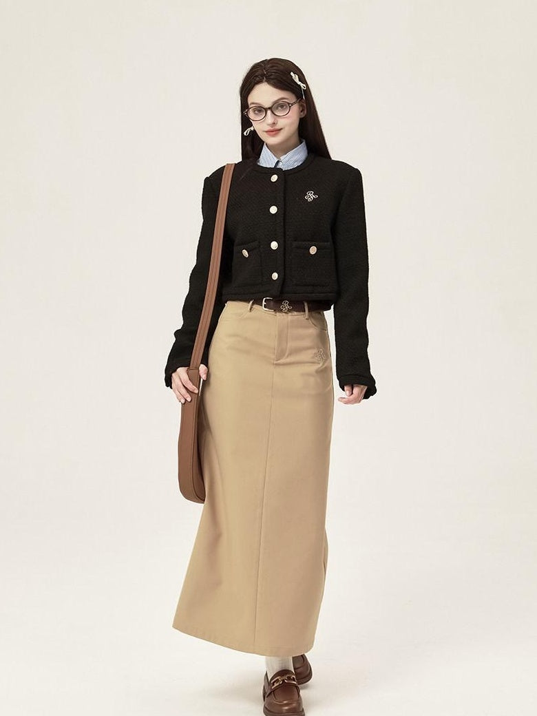 ikyou 3D Button Trim Slim Fit Office Long Sleeve Solid Polyester Cropped Jackets