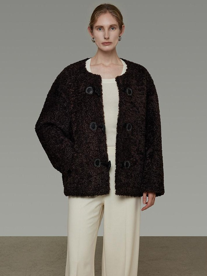 unspoken Warm Fur Lined Minimalist Commuter Loose Fit Brown Women Everyday Short Coat