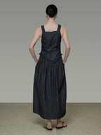 unspoken Minimalist Pleated Cinched Waist Cotton A Line Strap Dress Women Maxi Dresses