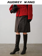 audreyyang Premium Sheepskin Mid Waist Straight Front Slit Black Women Leather Midi Skirts