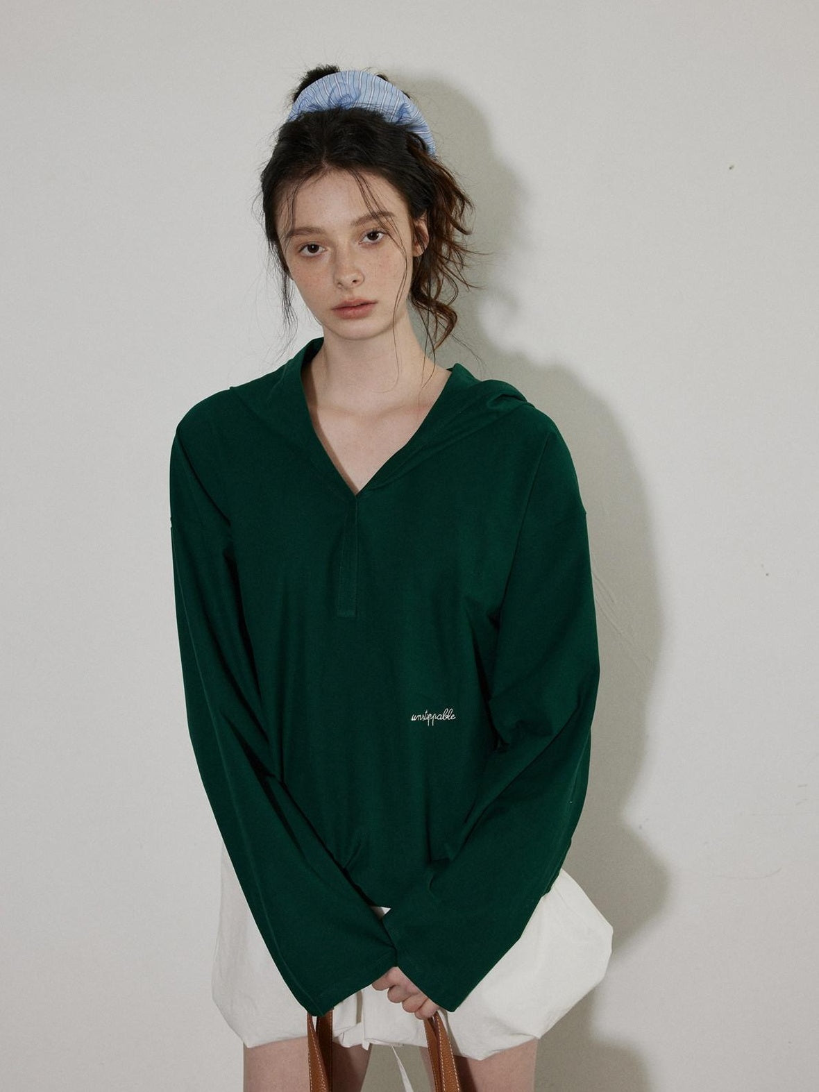 Lofi choose Cozy Loose Fit V-neck Hooded Commuter Style Women Green Gray Hoodie