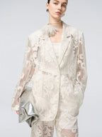 audreyyang Cotton Hollowout Loose Notched Lapel Workwear Women White Suit Top & Pants Sets