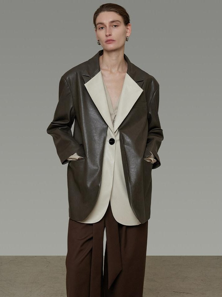 unspoken Soft Viscose Blazer Collar Relaxed Fit Commuter Women Brown Leather Jackets