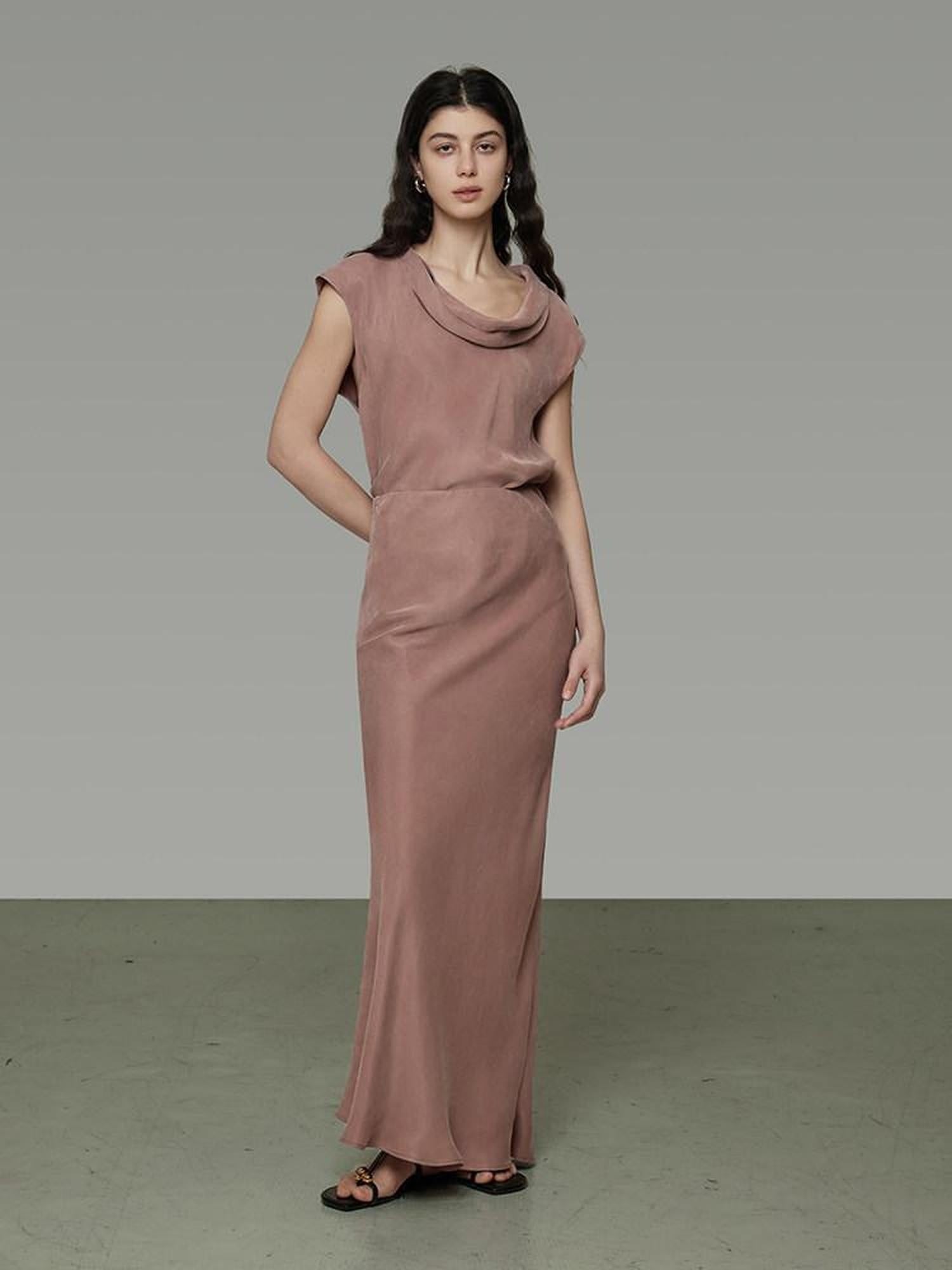 unspoken Smoky Pink Lined Minimal Commuter Mid Rise H Cut Solid Maxi Skirts