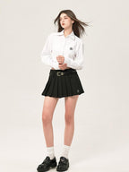 ikyou Embroidered Square Neck Long Sleeve Straight Minimal Poly Cotton Basic Crop Tops