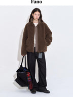 fano Warm Lambswool Plaid Stand Collar Zip Loose Fit Casual Women Brown Short Coat