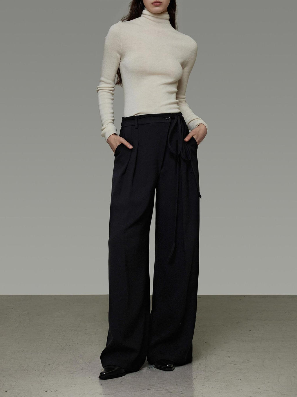 unspoken High Waist Tie Detail Minimalist Breathable Office Black Polyester Wide Leg Pants
