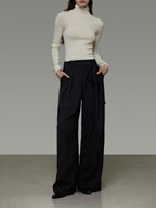 unspoken High Waist Tie Detail Minimalist Breathable Office Black Polyester Wide Leg Pants
