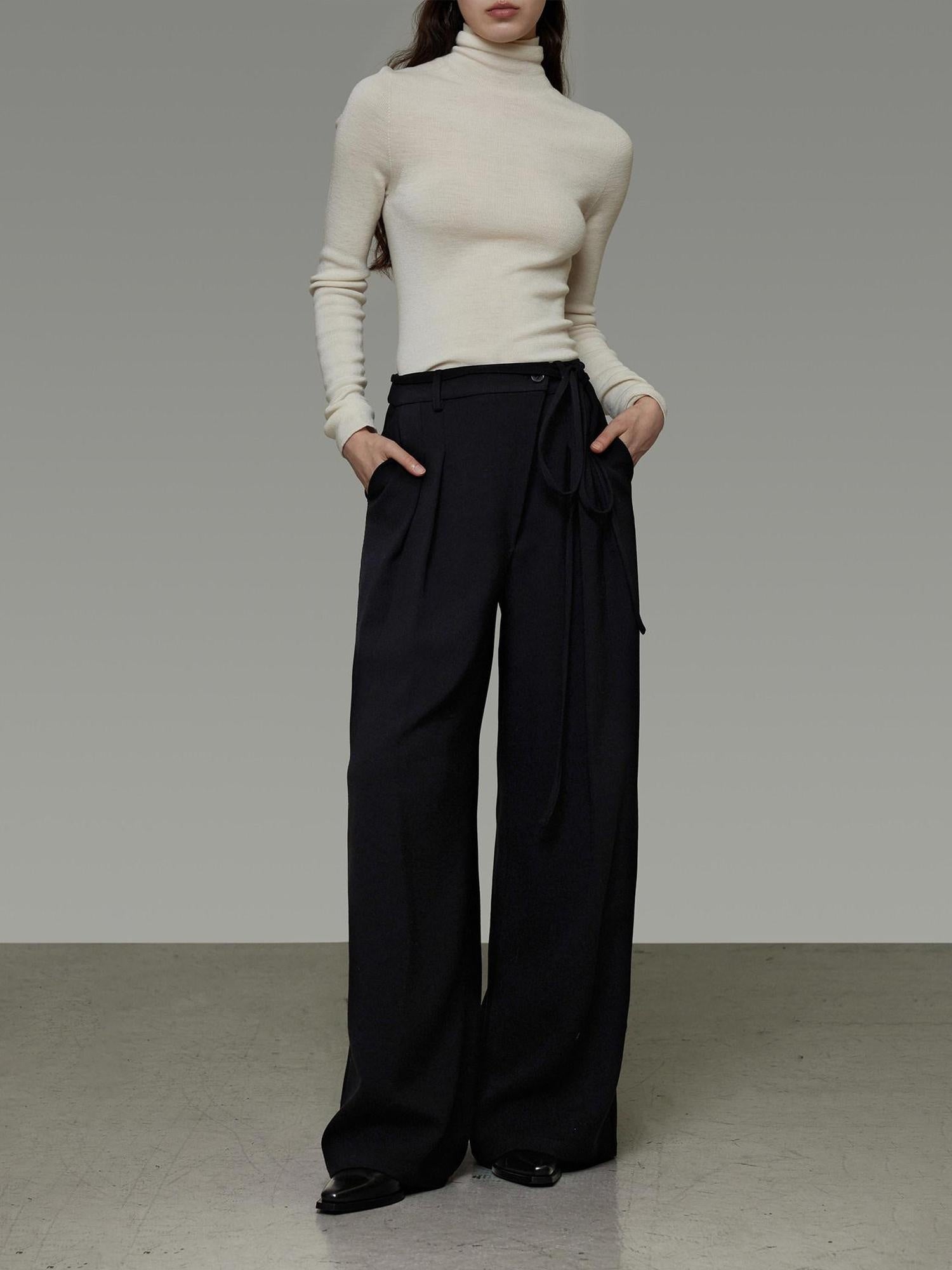 unspoken High Waist Tie Detail Minimalist Breathable Office Black Polyester Wide Leg Pants