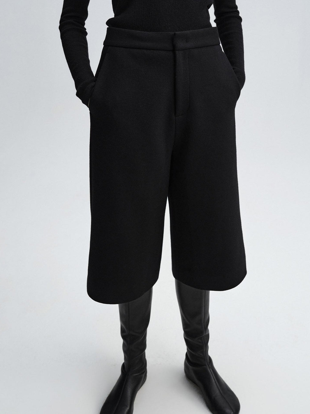 audreyyang Wool Blend Minimalist Wide Leg Natural Waist Womens Workwear Mid-Length Shorts
