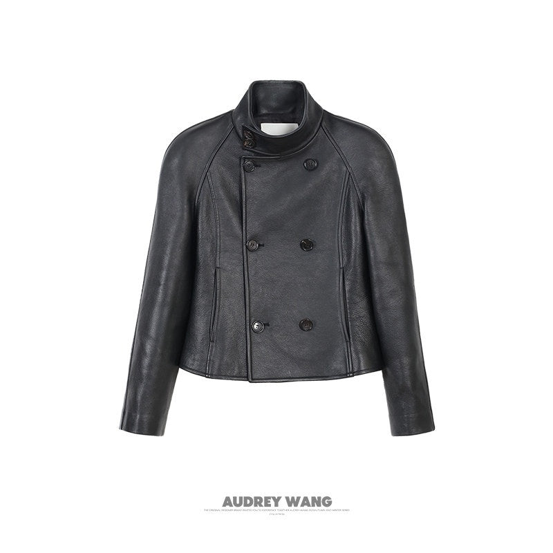 audreyyang_Lambskin_Vintage_Loose_Women_Double_Breasted_Black_Leather_Jackets_MISSTT