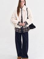 fano Warm Vintage Loose Lapel Zipper Long Sleeve Casual Young Women Ivory Short Coat