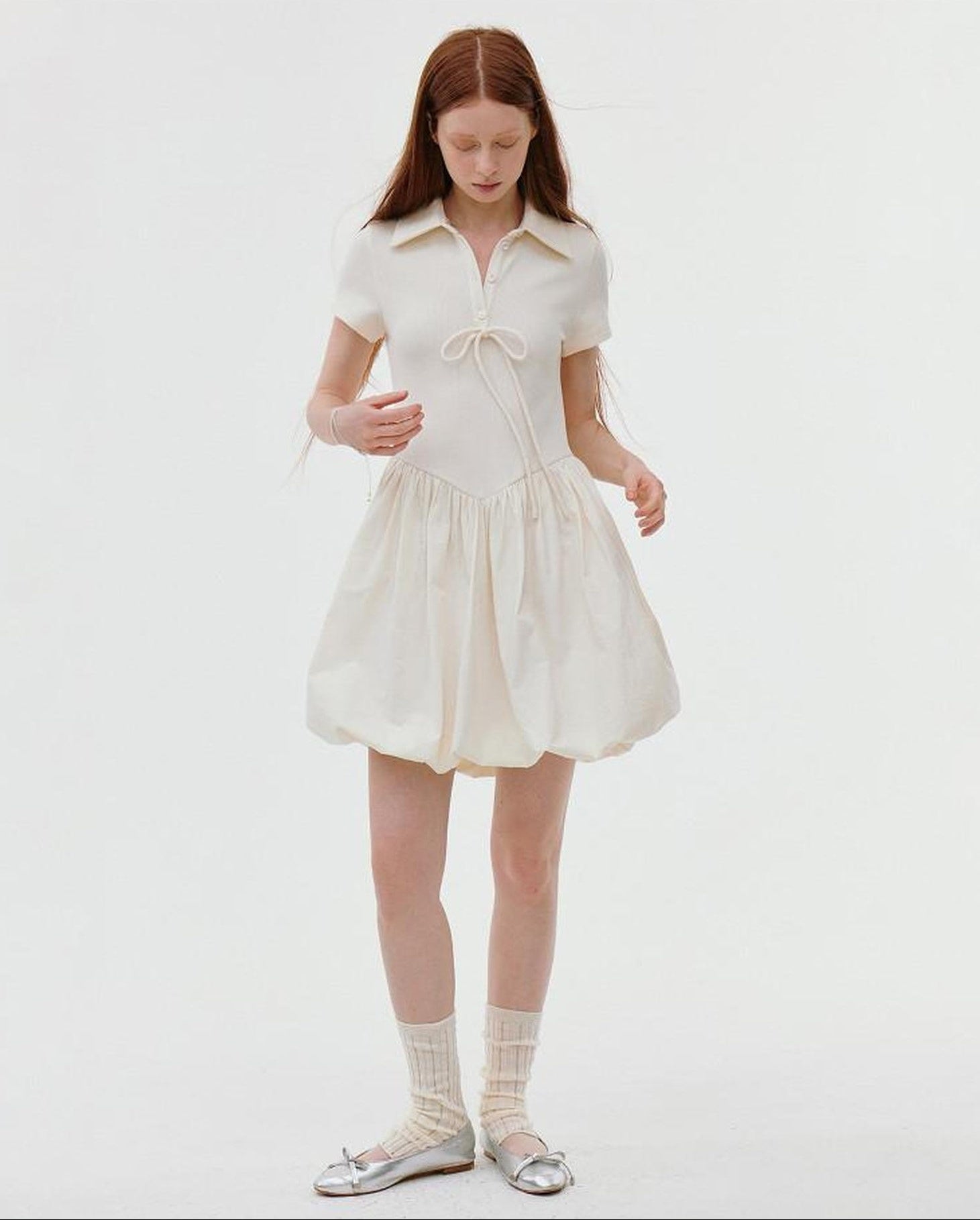 fano Stretch Short Sleeve Polo Cocoon Bubble Skirt Natural Waist Beige Midi Dresses