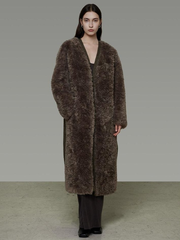 unspoken Warm Belted V-neck Loose Fit Commuter Women Brown Gray Long Coats