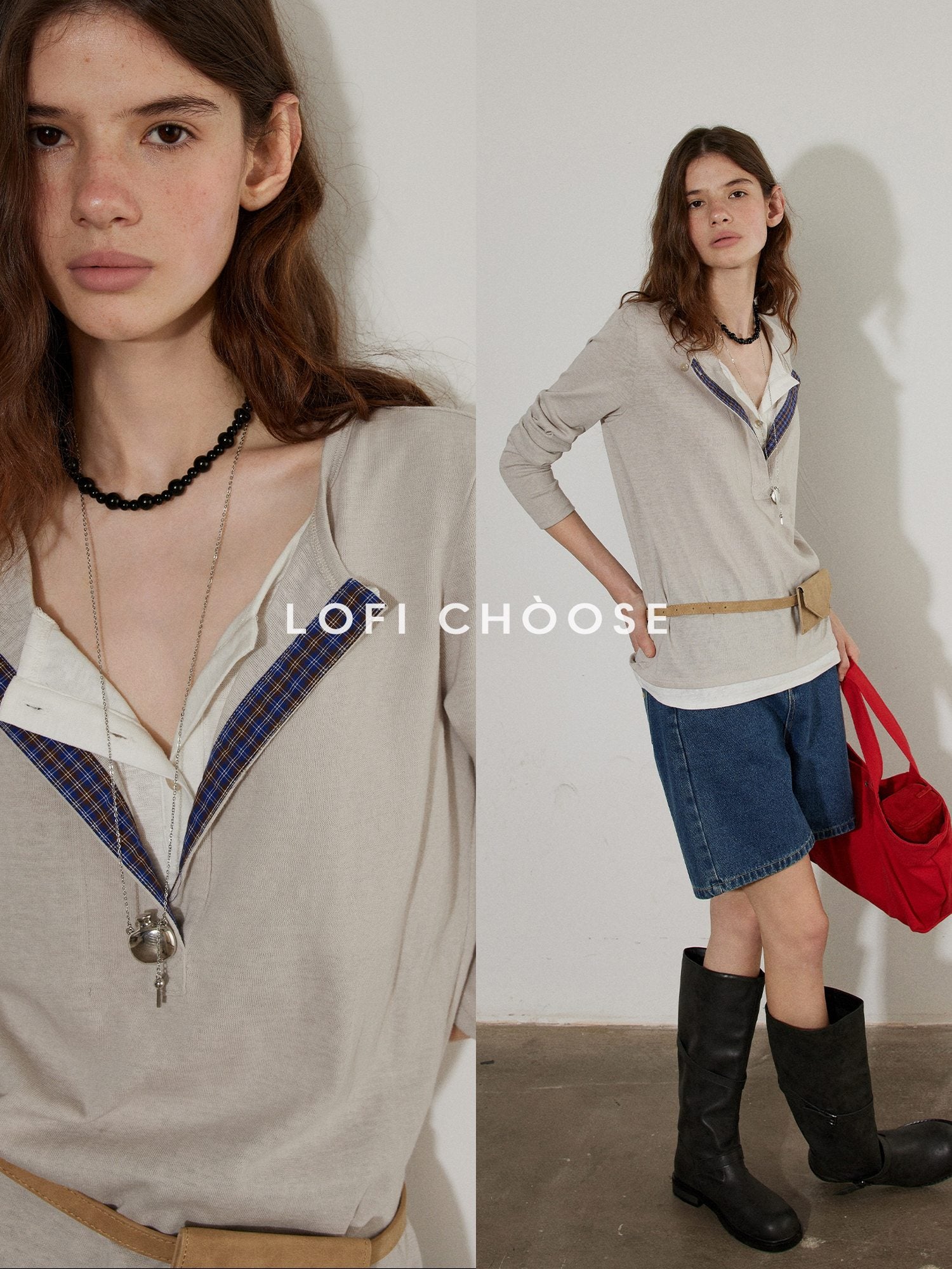 Lofi choose Cotton Blend Button Collar Loose Commuter Womens Purple Long Sleeve T-Shirts