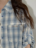 Lofi choose Pure Cotton Colorblock Plaid Embroidered Loose Commuter Office Women Shirts